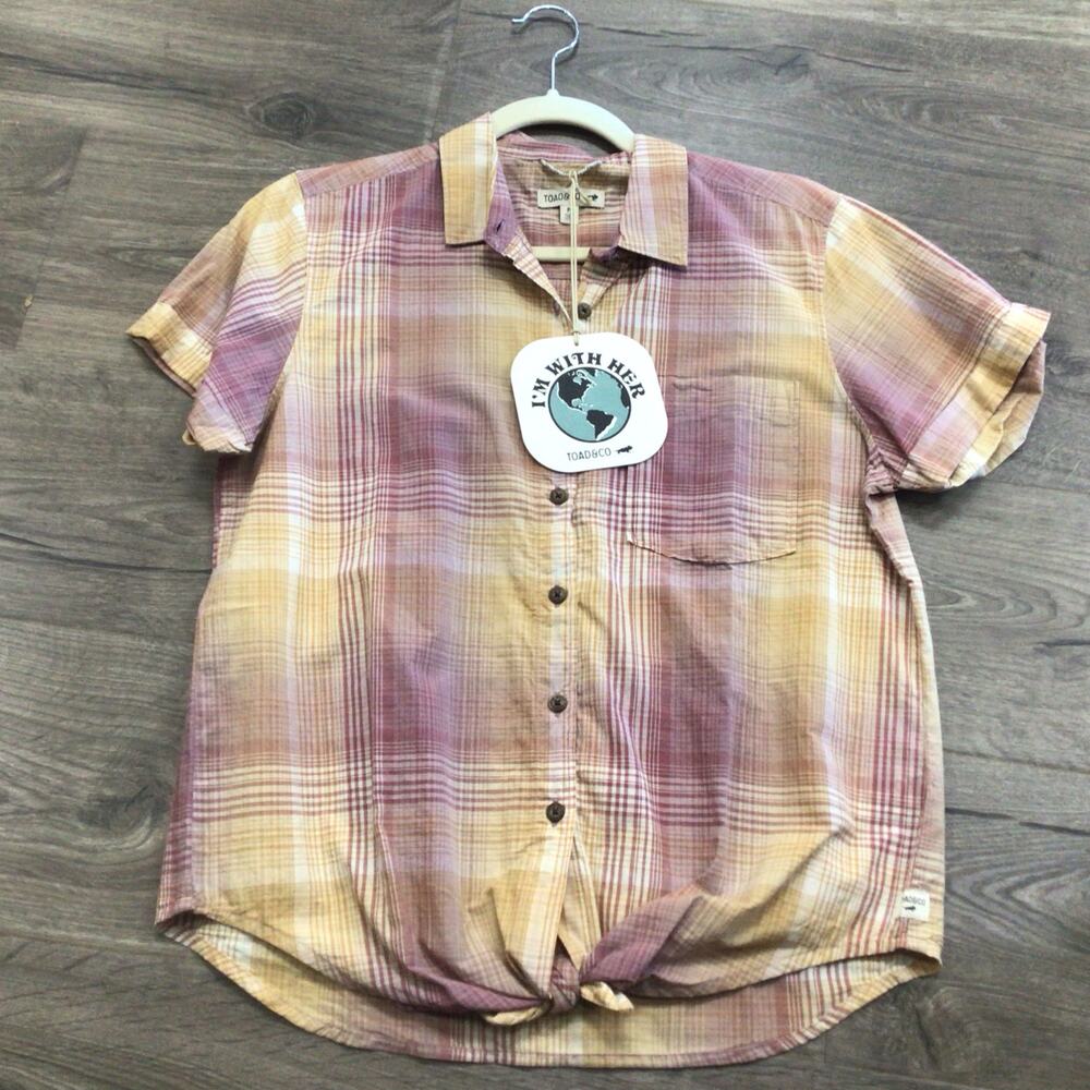 Toad And Co Womens Willet Tie Short Sleeve Shirt Lilac Plaid Size Medium Button